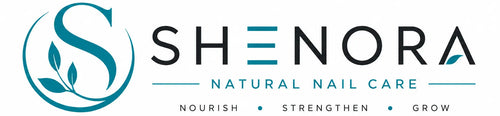 Shenora Natural Nail Care logo on a white background, featuring a teal circular 'S' with leaf details and dark gray text reading 'S H E N O R A' with the tagline 'NATURAL NAIL CARE' and smaller words 'NOURISH • STRENGTHEN • GROW'.
