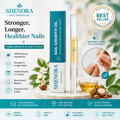 Shenora Nail Growth Oil with natural ingredients for stronger, longer and healthier nails. Nail growth pen with visible results in 14 days, chemical-free formula for nail repair.