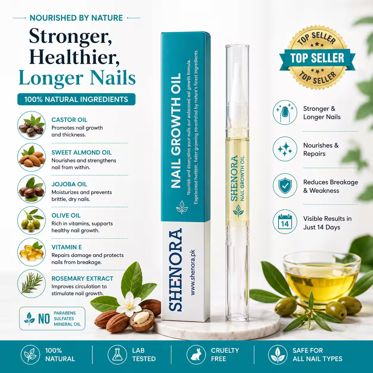 Shenora Nail Growth Oil made with Castor Oil, Sweet Almond Oil, Jojoba Oil, Olive Oil, Vitamin E, and Rosemary Extract to nourish cuticles and promote stronger, healthier nails naturally.