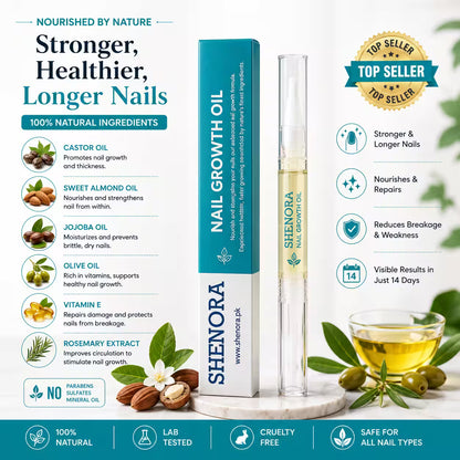 Shenora Nail Growth Oil made with Castor Oil, Sweet Almond Oil, Jojoba Oil, Olive Oil, Vitamin E, and Rosemary Extract to nourish cuticles and promote stronger, healthier nails naturally.