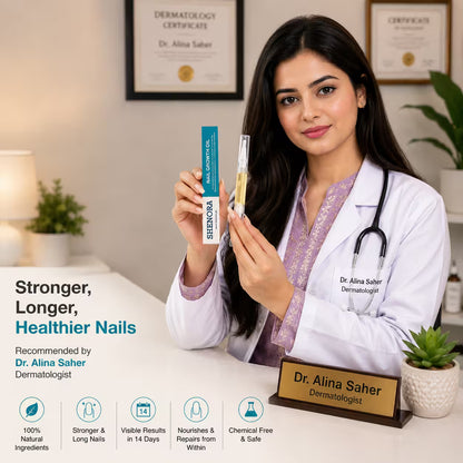 Dr. Alina Saher holding Shenora Nail Growth Oil pen and box, promoting natural nail growth treatment for stronger, longer, healthier nails with visible results in 14 days.
