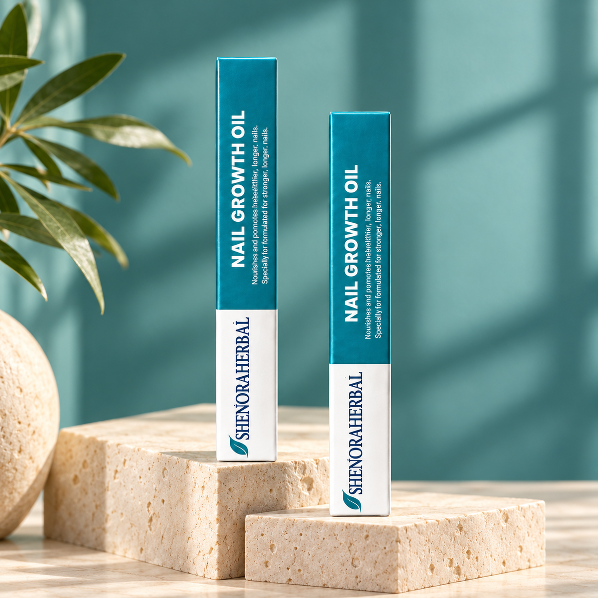 Two Shenora Herbal Nail Growth Oil boxes on warm stone plinths against a teal background